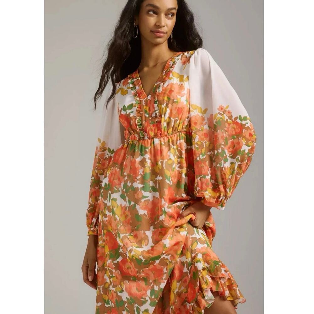 Vineet Bahl XS Floral Ruffle Maxi Dress Boho Long Sleeve Anthropologie Style